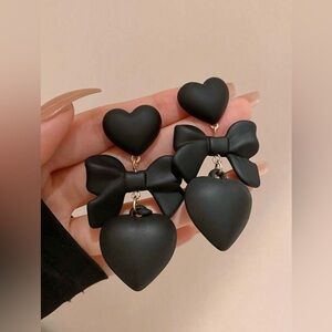Chic Black Heart and Bow Earrings